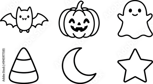 Minimalist black line art halloween icons bat pumpkin ghost candy corn moon and star simple vector design set