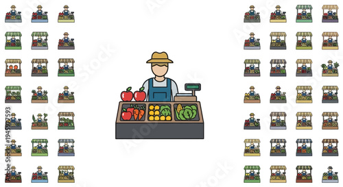 A cartoon man standing behind a colorful store counter with various products.