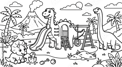 Playful line art dinosaur playground with smiling triceratops baby hatching egg and friendly brachiosaurus in prehistoric jungle volcanic background