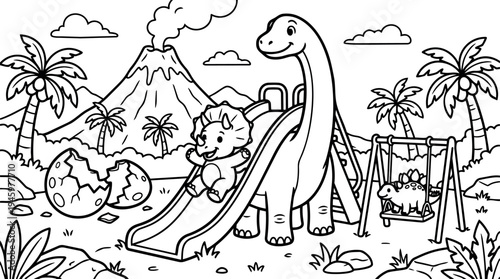 Cute dinosaur playground scene with triceratops sliding and stegosaurus swinging near erupting volcano and tropical palms scenic view
