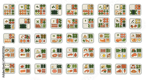 Colorful icons of various food and drink items.