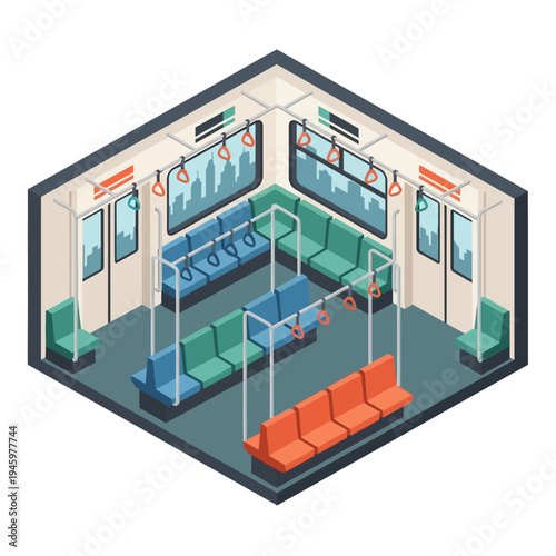 Isometric view of modern subway train interior seating arrangement.