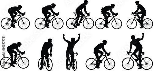Dynamic cyclist silhouettes on road bicycles, showcasing racing, celebration, and diverse riding postures in bold black illustration for sports, fitness, and design themes.