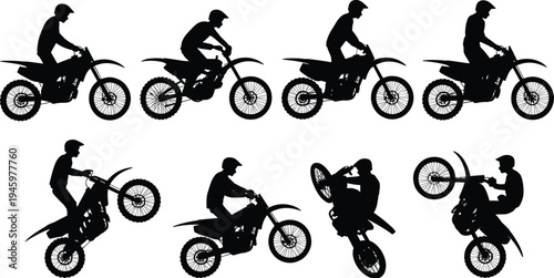 Silhouettes of motocross riders performing stunts and riding positions on dirt bikes, showcasing freestyle tricks, wheelies, jumps, and extreme sports action in dynamic poses.