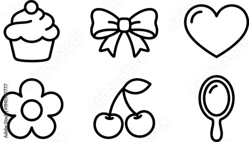 Simple black line icons of cupcake flower heart bow cherry and hand mirror in minimalist vector style set
