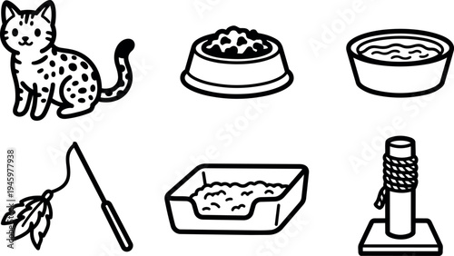 Black line art kitty cat with spots and tail around set of cat care items including food bowl water dish litter box scratching post and feather toy