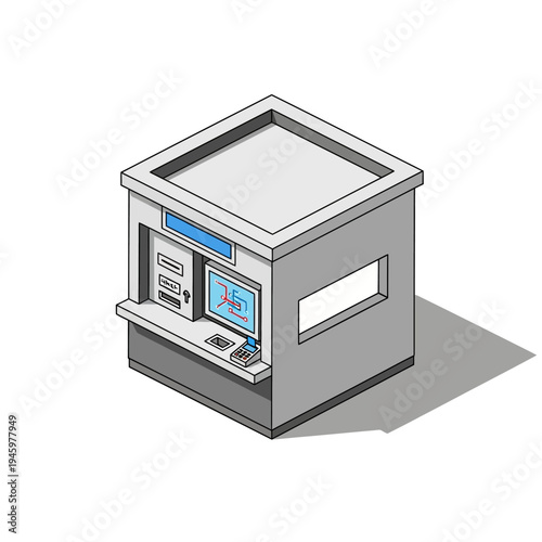 Isometric Automated Teller Machine Booth With Screen.