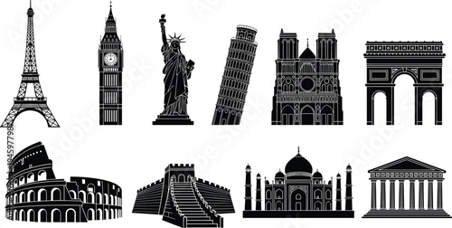 Famous world landmarks silhouettes set, Eiffel Tower Big Ben Statue of Liberty Taj Mahal Colosseum travel monument vector illustration collection