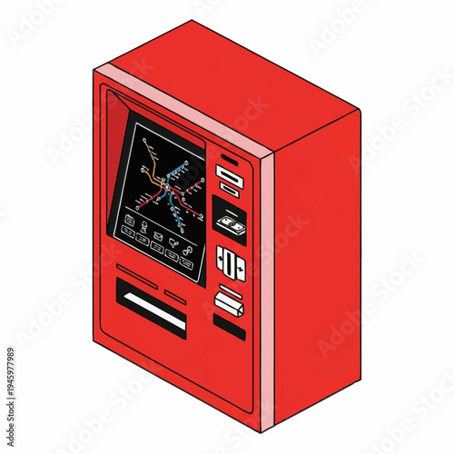 Red vintage vending machine with display screen.