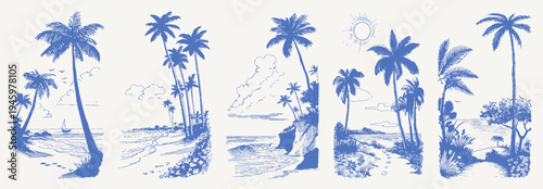 Coastal palms paths cliffs bays summer landscape. Hand drawn crayon vintage sketch drawing line style. Tropical shoreline scenes with rocks, sun and quiet island travel.
