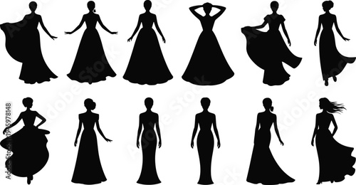 Stylized female silhouettes in flowing gowns, showcasing diverse elegant dress designs, graceful poses, and artistic fashion inspiration for creative illustration and design projects.