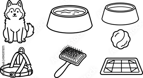 Black and white line art set of sitting husky dog food bowl water dish pet harness grooming brush and training pad icons