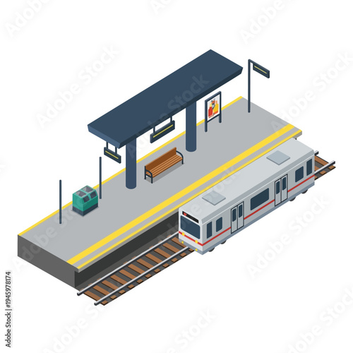 Modern Train Station Platform with Commuter Train Arriving.
