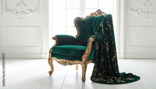 Luxurious emerald green velvet armchair with ornate gold carvings and a richly patterned brocade throw blanket draped over its arm in an elegant, well-lit room.