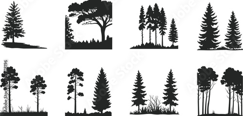 Forest tree silhouette set, pine woodland landscape collection, evergreen trees nature vector illustration botanical icons isolated black design