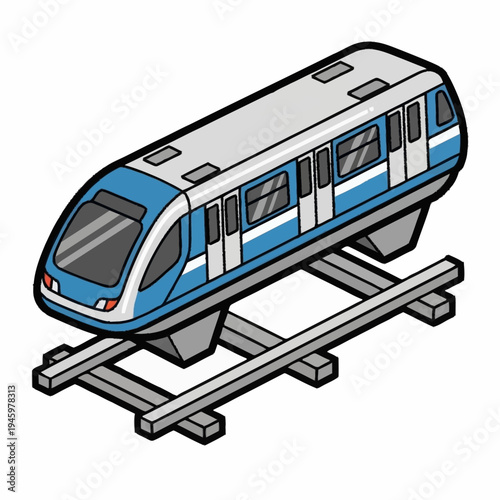 Modern Blue and White Train on Railway Tracks.