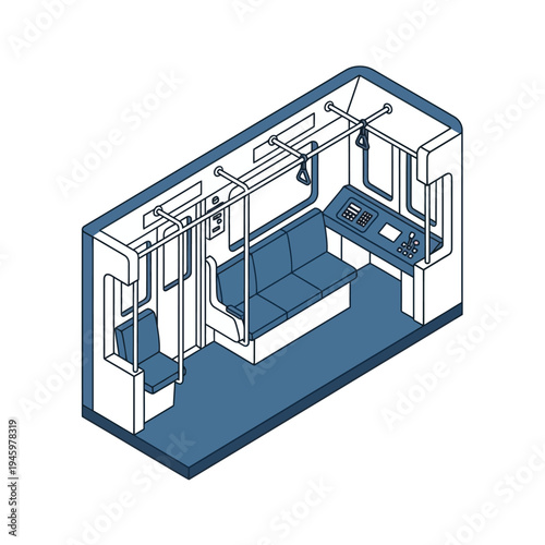 Isometric view of a modern subway train interior design.