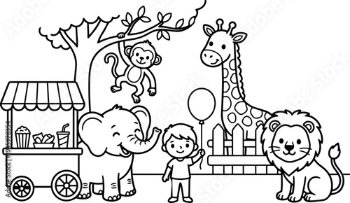Black and white line art happy child holding balloon standing near elephant lion giraffe monkey hanging from tree with food cart