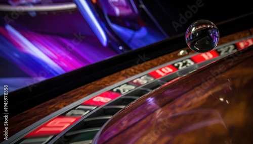 Roulette ball poised on the edge of the spinning wheel's channel, capturing the essence of casino gambling and chance.