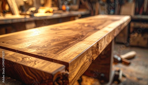 Smooth hand-sanded walnut wood slab with intricate dovetail joinery details, showcasing fine carpentry and natural wood grain in a warm workshop setting.