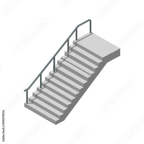 Isometric view of a concrete outdoor staircase with handrails.