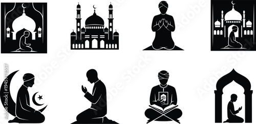 Islamic prayer and mosque silhouettes set, Muslim man praying, Quran reading, crescent moon, Ramadan worship vector illustration collection