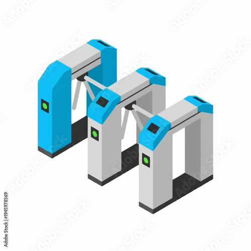 Three Modern Turnstile Gates in Isometric View.