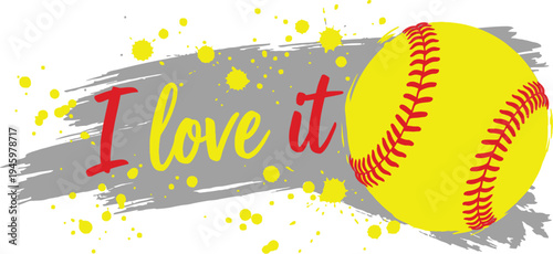 Vibrant yellow softball with red stitching and colorful text design