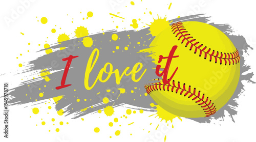 Schilderij op canvas Vibrant yellow softball with red stitching and colorful paint splatters on gray