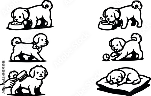 Black and white line art vector set of playful puppy eating drinking playing with ball sleeping and being brushed