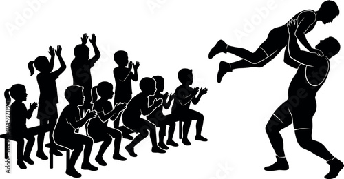 Black Silhouette of Wrestler Lifting Winner in Front of Cheering Children Audience Representing Sports Victory Achievement Youth Coaching and Athletic Celebration Event