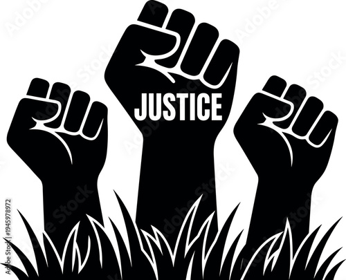 Raised fists justice protest symbol illustration representing human rights activism, equality movement, freedom struggle, social justice resistance, solidarity and empowerment concept global