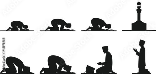 Muslim prayer silhouettes set, Islamic salah positions with mosque minaret, Ramadan worship vector illustration collection isolated on white background