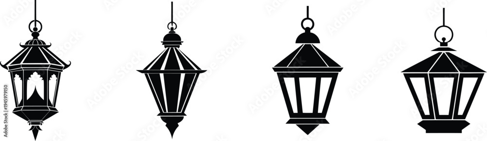 Obraz premium Four hanging lanterns in different styles on white background