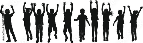 Children silhouette jumping, happy kids group, childhood joy, playful energy, unity celebration, outdoor fun, teamwork spirit, freedom expression, diverse youth silhouettes