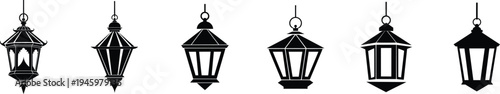 Six different hanging lanterns in a row on white background