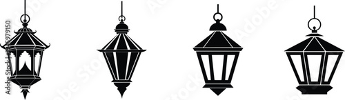 Four hanging lanterns in different styles on white background