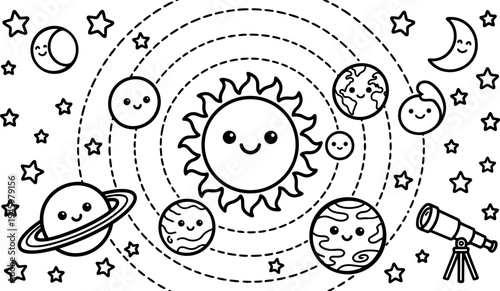 Cute smiling solar system planets orbiting around happy sun with stars moon and telescope in black line art style