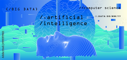 Blue gradient wireframe human face in mesh grid over wavy mountains and data pillars. Conceptual vector illustration for artificial intelligence visuals and futuristic tech posters.