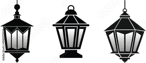 Three black lanterns hanging in different styles