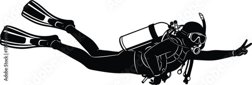 Scuba diver underwater silhouette with oxygen tank, fins, mask, bubbles, perfect vector illustration symbolizing ocean exploration, marine adventure, and sea life