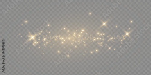 Luxury golden glitter dust and bokeh glow effect. Shiny gold light overlay for abstract festive background, celebration, or elegant design decoration.