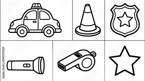 Black and white vector illustration set featuring police car traffic cone flashlight whistle and star icons in outline style