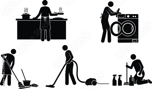 Black Silhouette Set of People Doing House Chores Including Cooking Laundry Sweeping Vacuuming and Cleaning for Domestic Service and Housework Design
