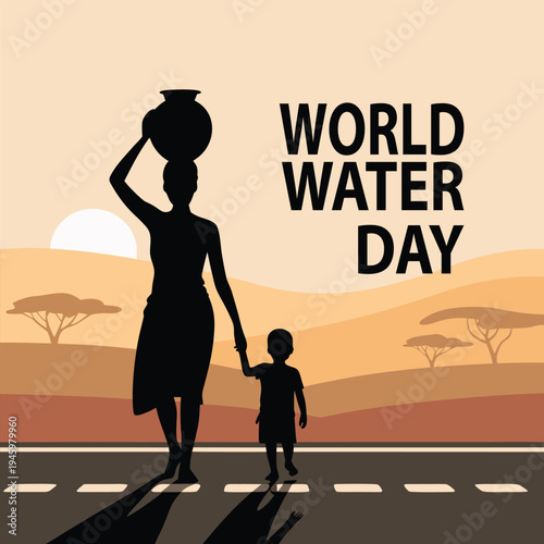World water day illustration of woman and child walking with water vessel