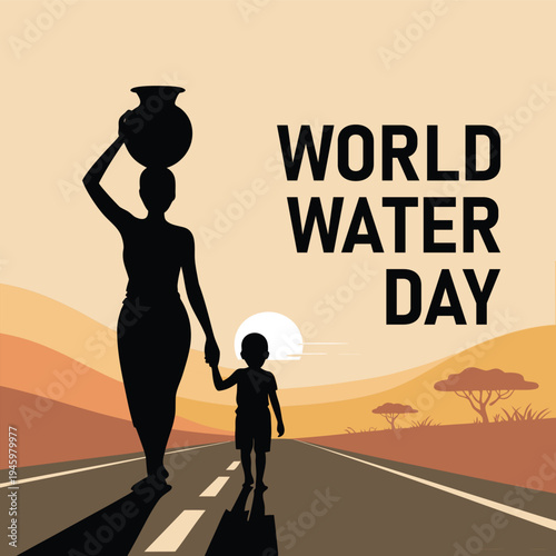 World water day illustration of woman and child walking on road with water vessel