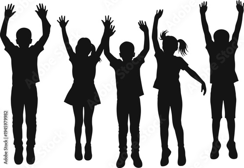 Children silhouettes jumping, kids playing outdoors, group activity fun, joyful childhood moments, energetic lifestyle, teamwork celebration, fitness exercise, happy youth together