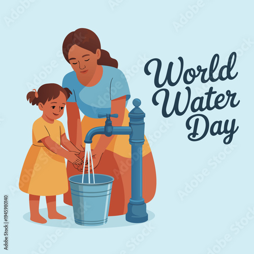 Woman and child at outdoor water pump on world water day