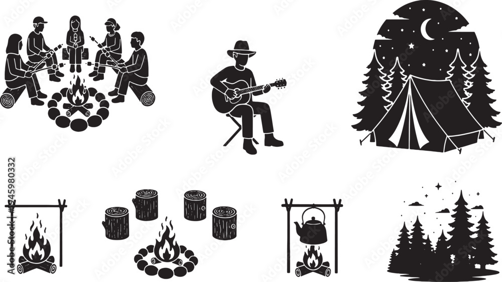 Fototapeta premium A black vector design set featuring silhouettes of people, children, and a woman on a bicycle with tree and sport icons