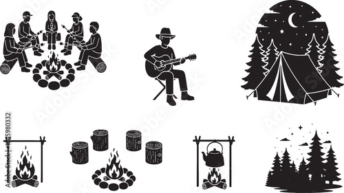 
A black vector design set featuring silhouettes of people, children, and a woman on a bicycle with tree and sport icons
